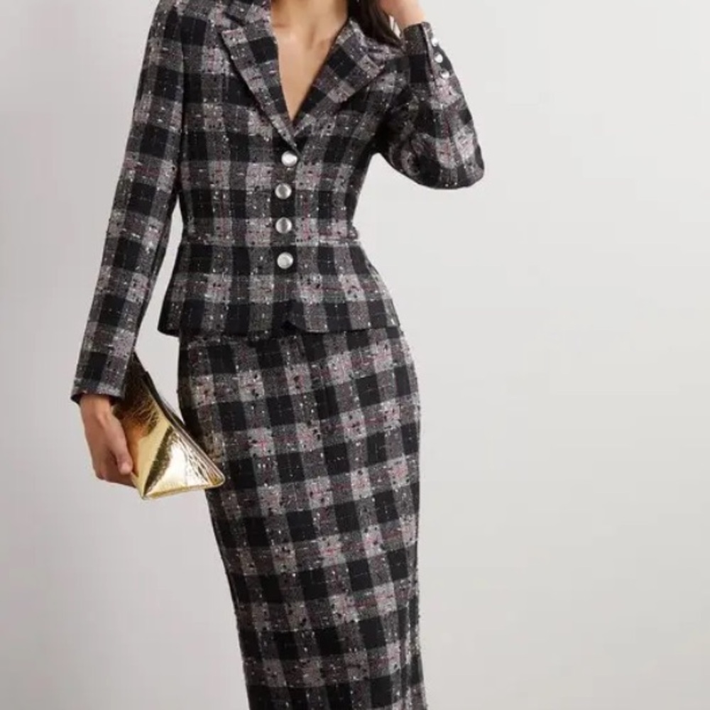 Alessandra Rich Checked Wool-Blend Bouclé Button Textured Plaid Fitted Blazer - Picture 3 of 12